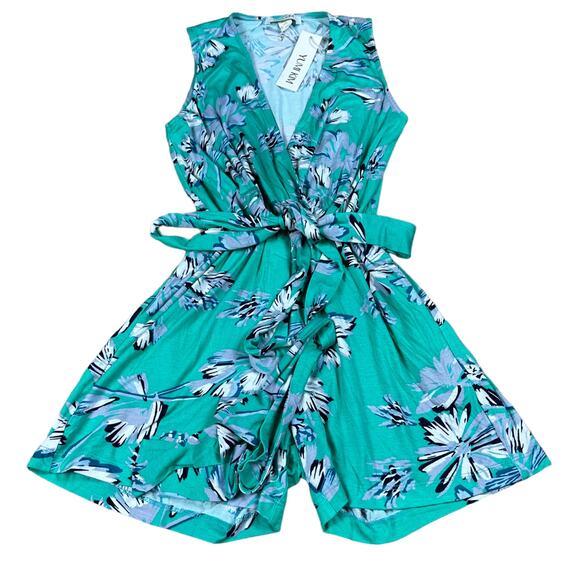 YUMI KIM Short Draped Floral Romper Jersey Knit Women's XS NWT Teal White Blue - Picture 1 of 9